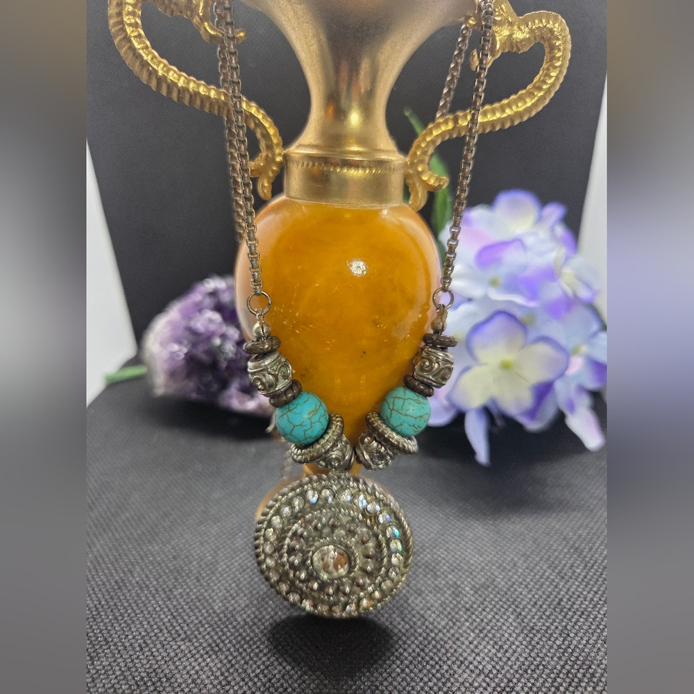 Roman Large Silver, Turquoise, and Crystal Pendant Necklace ☠️3 For $20 Item